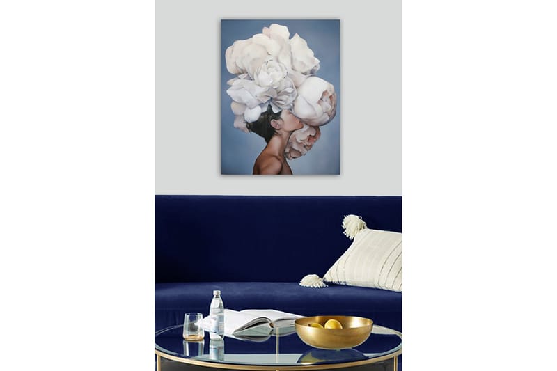 Canvastavla - Porträtt av en person med en stor bukett av vita blommor som svävar över huvudet - Vit / Ljusgrå / Hudton - Inredning & dekor - Tavlor & konst - Canvastavla