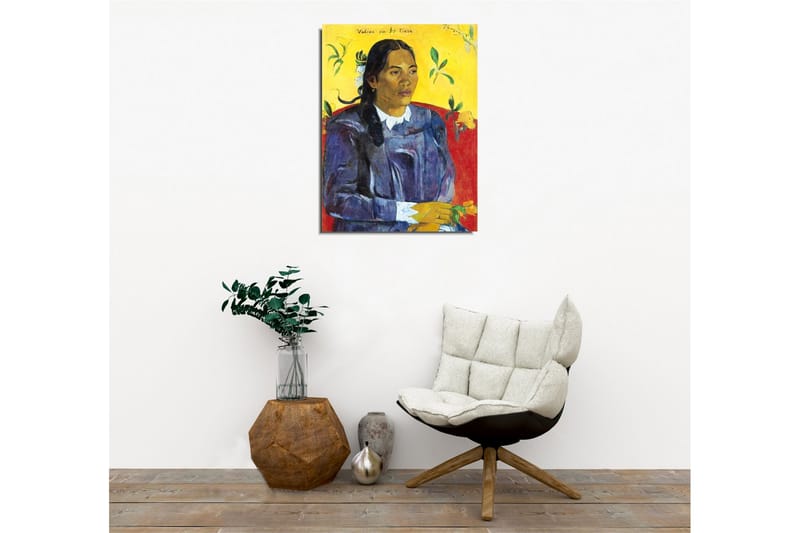 Canvastavla - Porträtt av en kvinna med blommor i handen - Mörkblå / Gul / Röd - Inredning & dekor - Tavlor & konst - Canvastavla