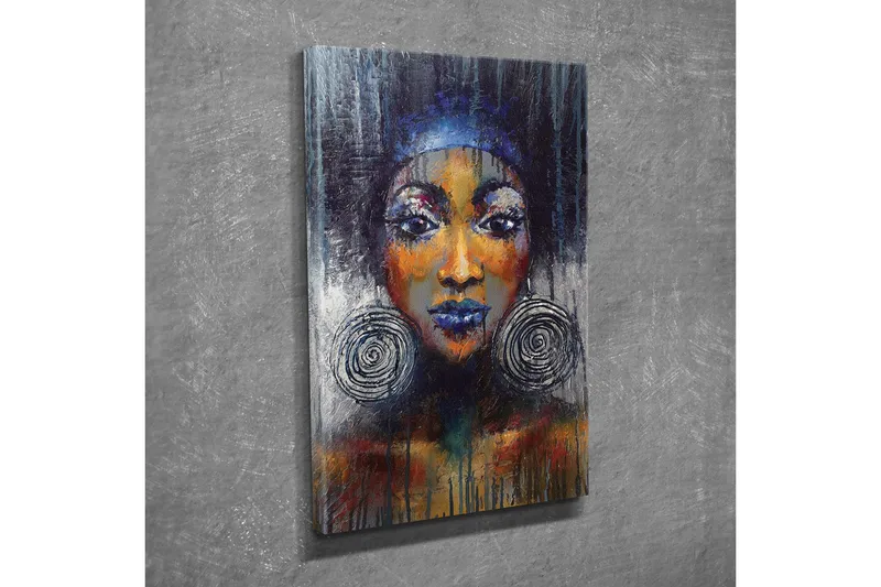 Canvastavla - Porträtt av en kvinna med stora örhängen och starka färger - Mörkblå / Orange / Svart - Inredning & dekor - Tavlor & konst - Canvastavla