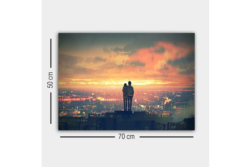 Canvastavla - Par som står tillsammans och betraktar en solnedgång över en stad - Orange / Blå / Grå - Inredning & dekor - Tavlor & konst - Canvastavla