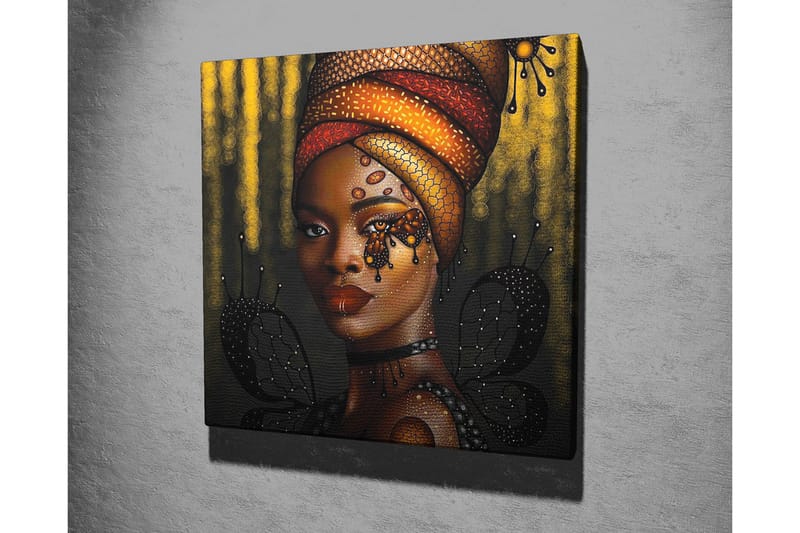 Canvastavla - Porträtt av en kvinna med en färgglad huvudbonad och fjärilar - Guld / Svart / Röd - Inredning & dekor - Tavlor & konst - Canvastavla