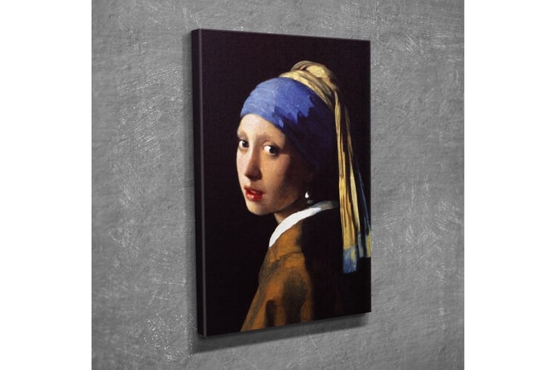 Canvastavla - Porträtt av en ung kvinna med pärlörhänge och blått huvudduk - Blå / Beige / Svart - Inredning & dekor - Tavlor & konst - Canvastavla