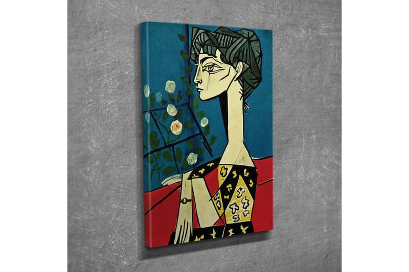 Canvastavla - Porträtt av en kvinna med stiliserade drag och blommor i bakgrunden - Blå / Röd / Svart - Inredning & dekor - Tavlor & konst - Canvastavla