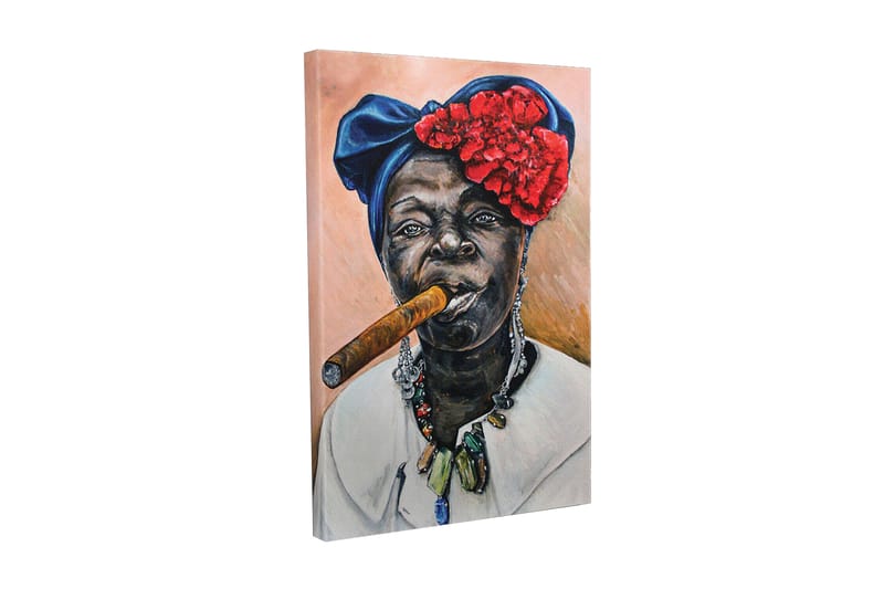 Canvastavla - Porträtt av en kvinna med cigarr och färgglad huvudbonad - Mörkblå / Röd / Hudton - Inredning & dekor - Tavlor & konst - Canvastavla