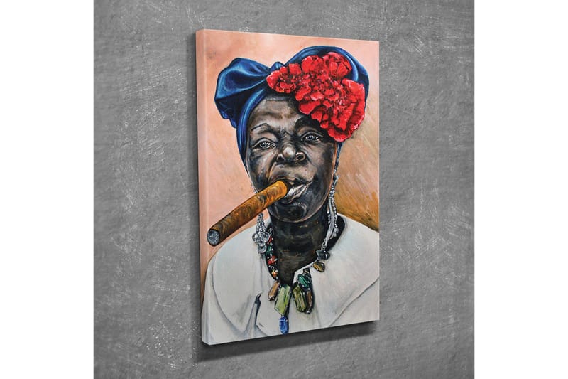 Canvastavla - Porträtt av en kvinna med cigarr och färgglad huvudbonad - Mörkblå / Röd / Hudton - Inredning & dekor - Tavlor & konst - Canvastavla