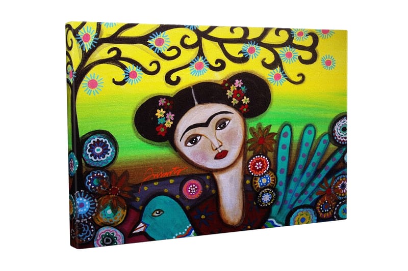 Canvastavla - Porträtt av en kvinna med blommor i håret och en grön fågel vid sidan om, Grön / R öd / Svart