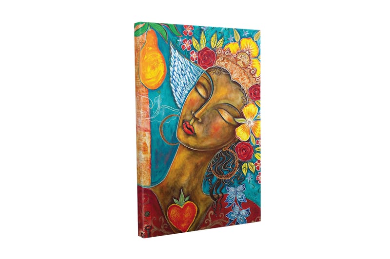 Canvastavla - Porträtt av en kvinna med blommor och frukter i håret, Turkos / Brun / Röd