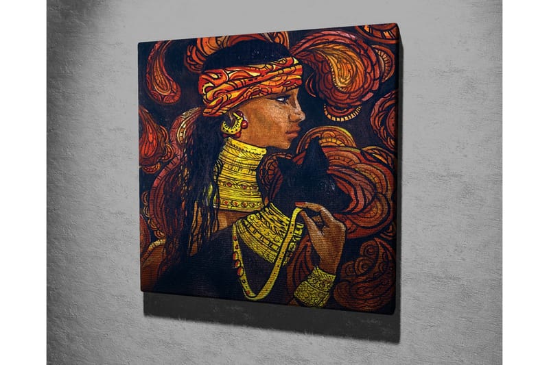 Canvastavla - Porträtt av en kvinna med smycken och en svart katt - Mörkbrun / Orange / Gul - Inredning & dekor - Tavlor & konst - Canvastavla
