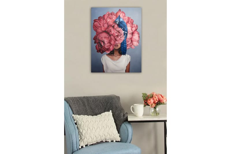 Canvastavla - Porträtt av en kvinna med en stor bukett av rosa blommor som huvud och en blå fågel sittande på blommorna - Rosa / Blå / Beige - Inredning & dekor - Tavlor & konst - Canvastavla