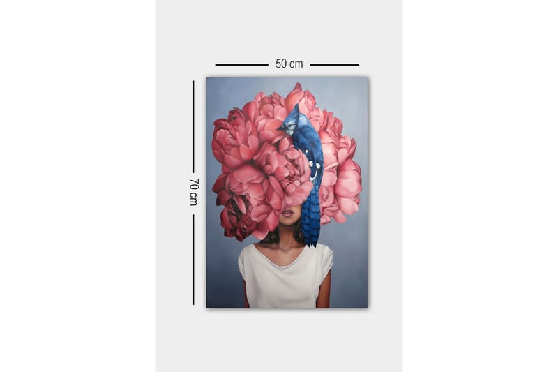 Canvastavla - Porträtt av en kvinna med en stor bukett av rosa blommor som huvud och en blå fågel sittande på blommorna - Rosa / Blå / Beige - Inredning & dekor - Tavlor & konst - Canvastavla