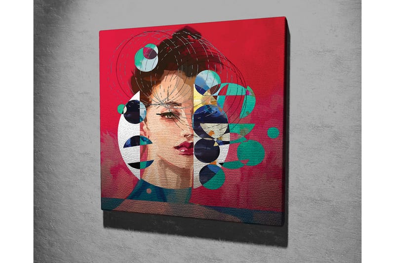 Canvastavla - Porträtt av en kvinna med abstrakta geometriska former och färgglada cirklar - Röd / Grön / Svart - Inredning & dekor - Tavlor & konst - Canvastavla