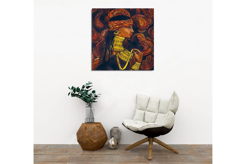 Canvastavla - Porträtt av en kvinna med smycken och en svart katt - Mörkbrun / Orange / Gul - Inredning & dekor - Tavlor & konst - Canvastavla