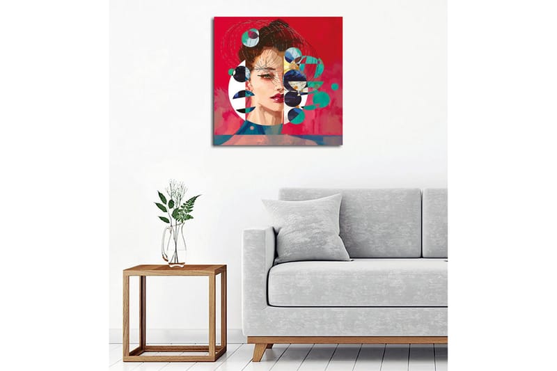 Canvastavla - Porträtt av en kvinna med abstrakta geometriska former och färgglada cirklar - Röd / Grön / Svart - Inredning & dekor - Tavlor & konst - Canvastavla