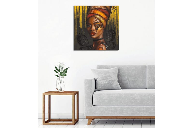 Canvastavla - Porträtt av en kvinna med en färgglad huvudbonad och fjärilar - Guld / Svart / Röd - Inredning & dekor - Tavlor & konst - Canvastavla