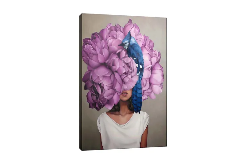 Canvastavla - Porträtt av en kvinna med en stor bukett av rosa blommor som huvudmotiv, Rosa / Blå / Beige