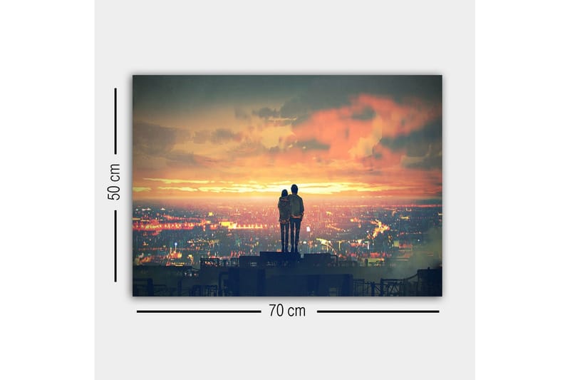 Canvastavla - Par som står tillsammans och betraktar en solnedgång över en stad - Orange / Blå / Grå - Inredning & dekor - Tavlor & konst - Canvastavla