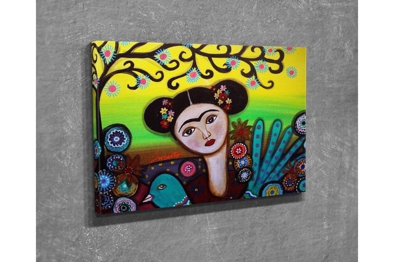 Canvastavla - Porträtt av en kvinna med blommor i håret och en grön fågel vid sidan om - Grön / Röd / Svart - Inredning & dekor - Tavlor & konst - Canvastavla