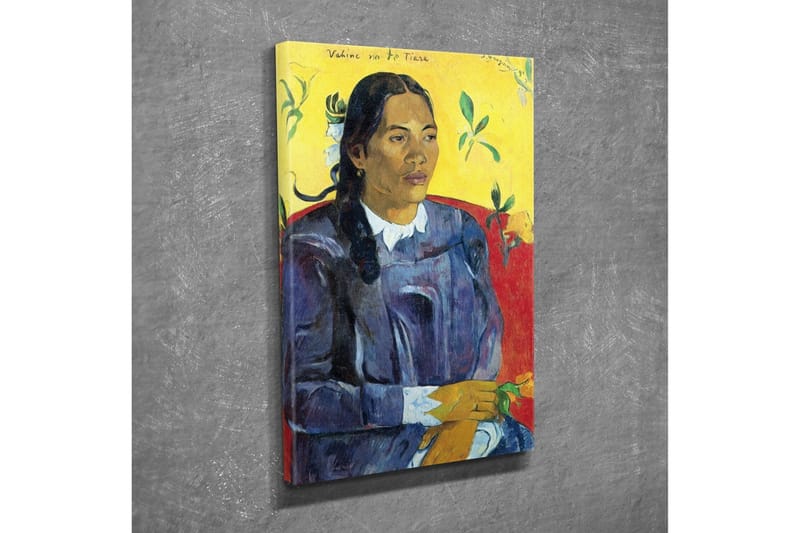 Canvastavla - Porträtt av en kvinna med blommor i handen - Mörkblå / Gul / Röd - Inredning & dekor - Tavlor & konst - Canvastavla