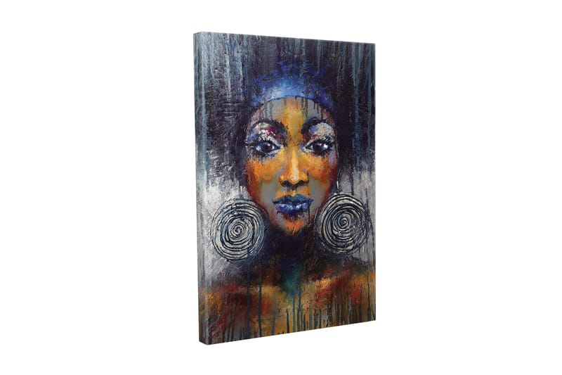 Canvastavla - Porträtt av en kvinna med stora örhängen och starka färger, Mörkblå / Orange / Svart