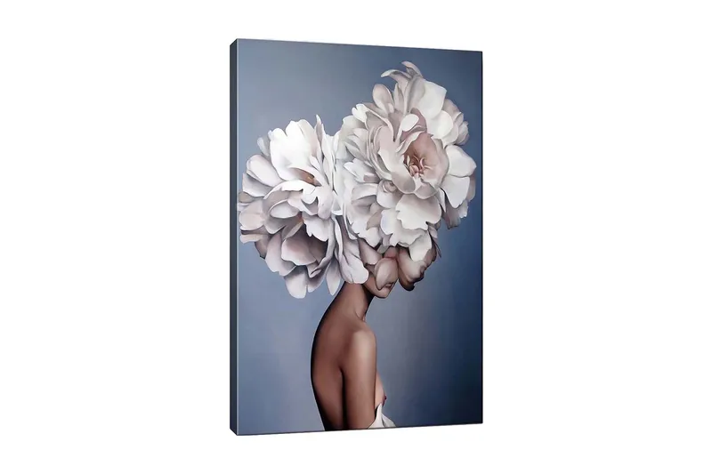 Canvastavla - Porträtt av en kvinna med en stor blomsterkrans som huvudprydnad, Vit / Ljusrosa / Beige