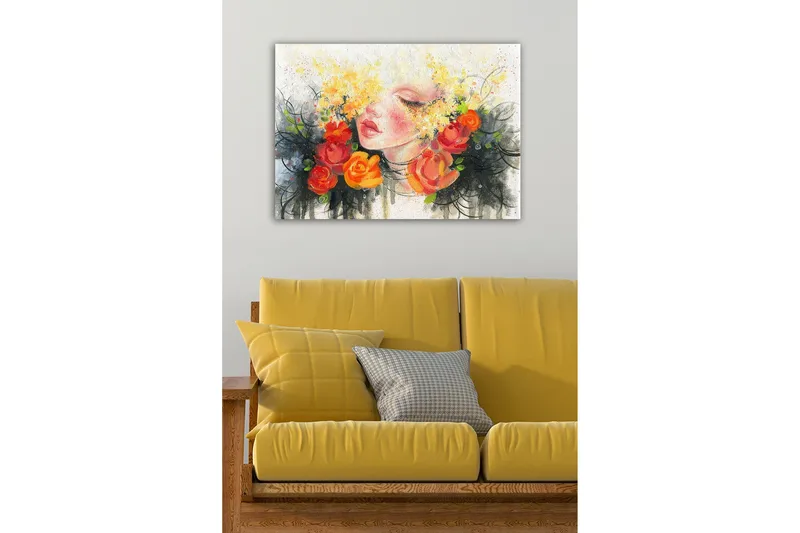 Canvastavla - Porträtt av en kvinna med blommor i håret - Orange / Gult / Svart - Inredning & dekor - Tavlor & konst - Canvastavla