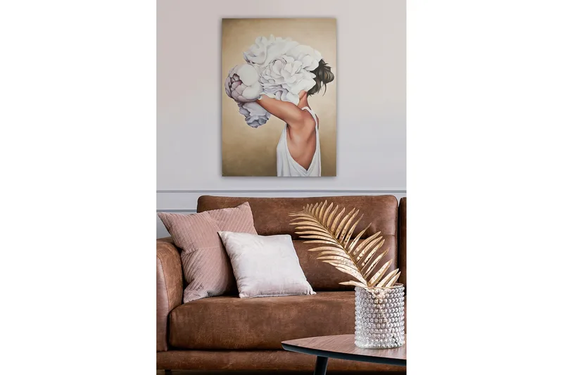Canvastavla - Porträtt av en kvinna med stora, vita blommor som täcker hennes ansikte - Vit / Beige / Hudfärg - Inredning & dekor - Tavlor & konst - Canvastavla