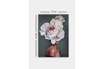 Canvastavla - Porträtt av en kvinna med en stor blomsterkrans av vita pioner som täcker hennes huvud - Vit / Mörkgrön / Rosa - Inredning & dekor - Tavlor & konst - Canvastavla