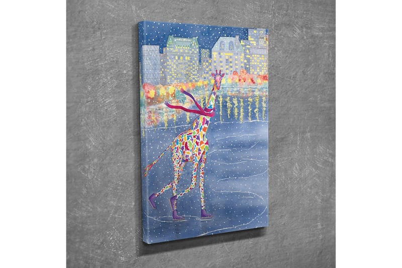 Liten Canvastavla 30x40 cm - Färgglad giraff som åker skridskor på en frusen sjö i en vinterlandskap - Blå / Röd / Gul - Inredning & dekor - Tavlor & konst - Canvastavla
