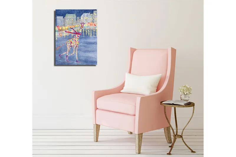 Liten Canvastavla 30x40 cm - Färgglad giraff som åker skridskor på en frusen sjö i en vinterlandskap - Blå / Röd / Gul - Inredning & dekor - Tavlor & konst - Canvastavla