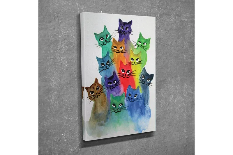 Liten Canvastavla 30x40 cm - Färgglad samling av katter i olika nyanser, Grön / Blå / Lila