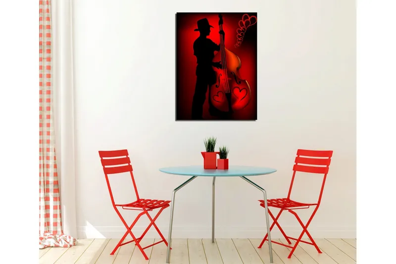 Liten Canvastavla 30x40 cm - Silhuett av en musiker som spelar på en kontrabas med hjärtformade detaljer - Röd / Svart - Inredning & dekor - Tavlor & konst - Canvastavla