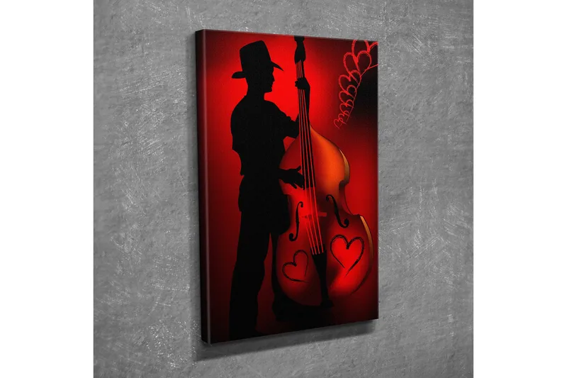 Liten Canvastavla 30x40 cm - Silhuett av en musiker som spelar på en kontrabas med hjärtformade detaljer, Röd / Svart