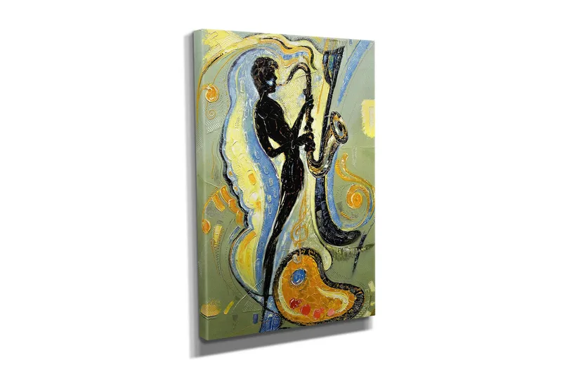 Liten Canvastavla 30x40 cm - Silhuett av en saxofonist i en dynamisk komposition - Svart / Guld / Ljusblå - Inredning & dekor - Tavlor & konst - Canvastavla