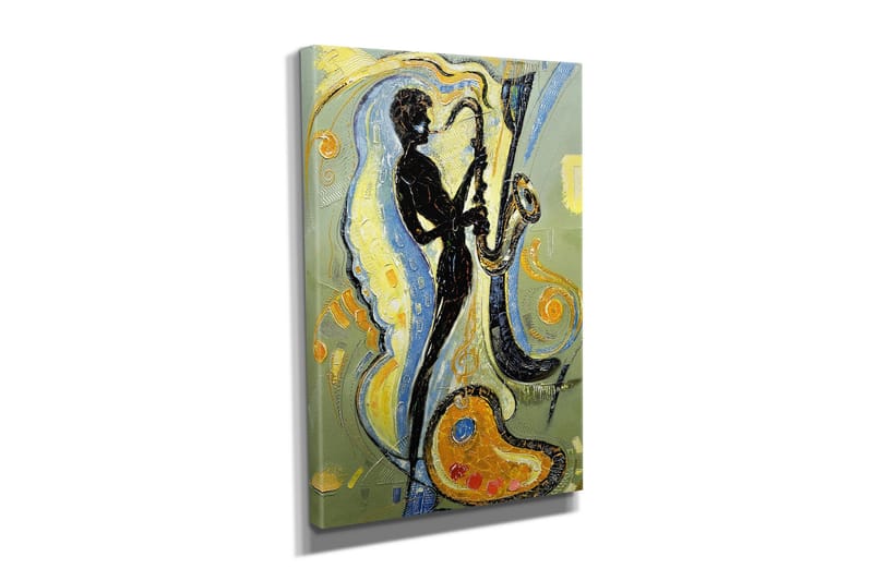 Liten Canvastavla 30x40 cm - Silhuett av en saxofonist i en dynamisk komposition - Svart / Guld / Ljusblå - Inredning & dekor - Tavlor & konst - Canvastavla