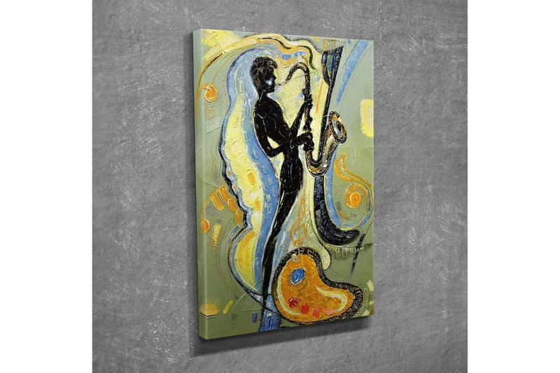Liten Canvastavla 30x40 cm - Silhuett av en saxofonist i en dynamisk komposition - Svart / Guld / Ljusblå - Inredning & dekor - Tavlor & konst - Canvastavla