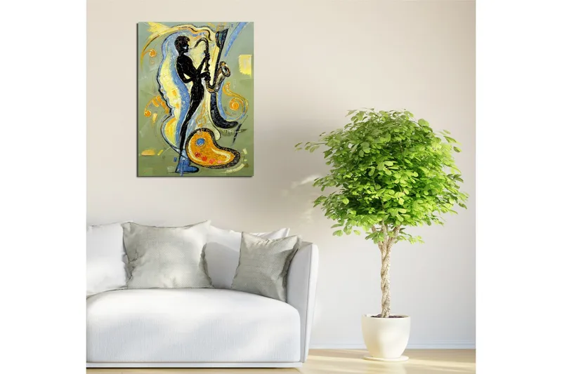 Liten Canvastavla 30x40 cm - Silhuett av en saxofonist i en dynamisk komposition - Svart / Guld / Ljusblå - Inredning & dekor - Tavlor & konst - Canvastavla
