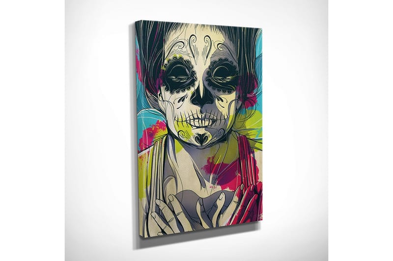 Liten Canvastavla 30x40 cm - Skulptur av en kvinna med skelettansikte och blommor i bakgrunden - Svart / Rosa / Grön - Inredning & dekor - Tavlor & konst - Canvastavla