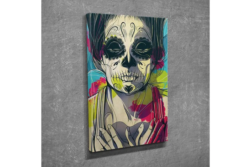 Liten Canvastavla 30x40 cm - Skulptur av en kvinna med skelettansikte och blommor i bakgrunden - Svart / Rosa / Grön - Inredning & dekor - Tavlor & konst - Canvastavla