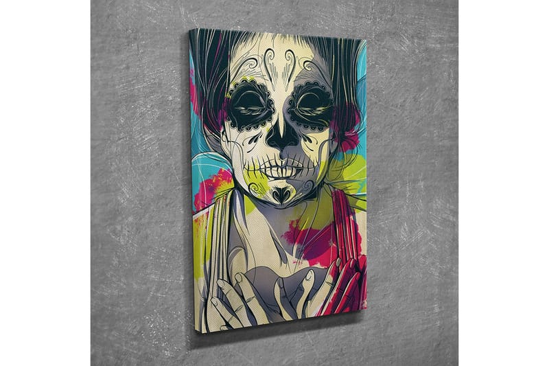 Liten Canvastavla 30x40 cm - Skulptur av en kvinna med skelettansikte och blommor i bakgrunden - Svart / Rosa / Grön - Inredning & dekor - Tavlor & konst - Canvastavla