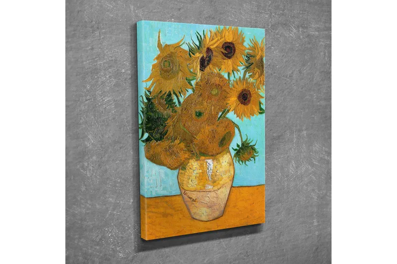 Liten Canvastavla 30x40 cm - Solrosor i en vas med en ljusblå bakgrund - Gul / Grön / Orange - Inredning & dekor - Tavlor & konst - Canvastavla