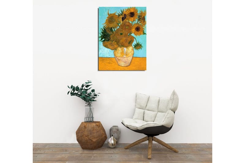 Liten Canvastavla 30x40 cm - Solrosor i en vas med en ljusblå bakgrund - Gul / Grön / Orange - Inredning & dekor - Tavlor & konst - Canvastavla