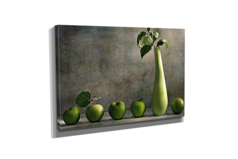 Liten Canvastavla 40x30 cm - Grön äppelkorg med en stilren vas - Grön / Ljusgrön - Inredning & dekor - Tavlor & konst - Canvastavla