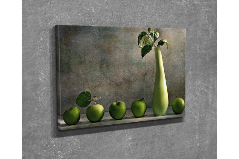 Liten Canvastavla 40x30 cm - Grön äppelkorg med en stilren vas, Grön / Ljusgrön