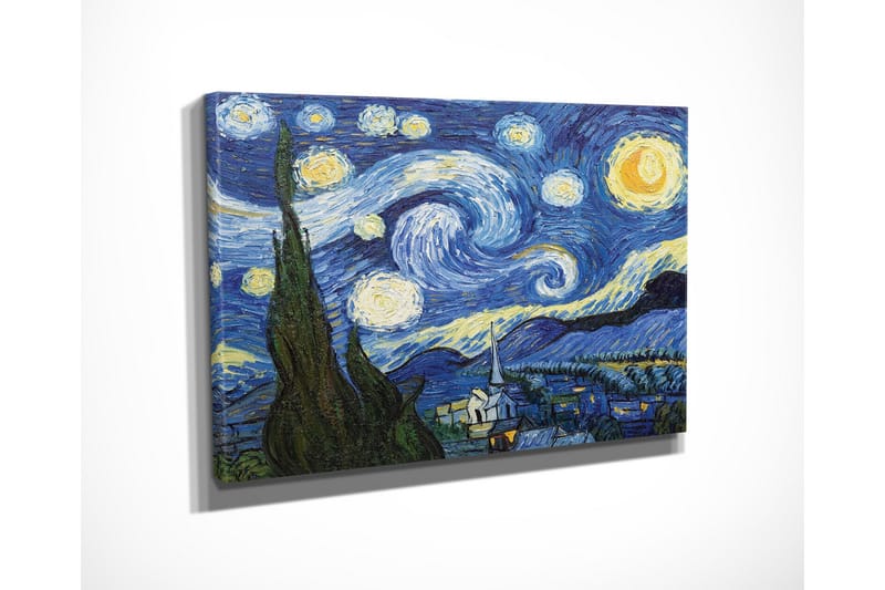 Liten Canvastavla 40x30 cm - Stjärnfull natt med virvlande moln och en by i förgrunden - Mörkblå / Gul / Grön - Inredning & dekor - Tavlor & konst - Canvastavla