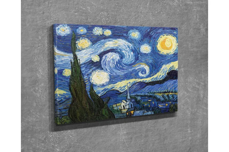 Liten Canvastavla 40x30 cm - Stjärnfull natt med virvlande moln och en by i förgrunden, Mörkblå / Gul / Grön
