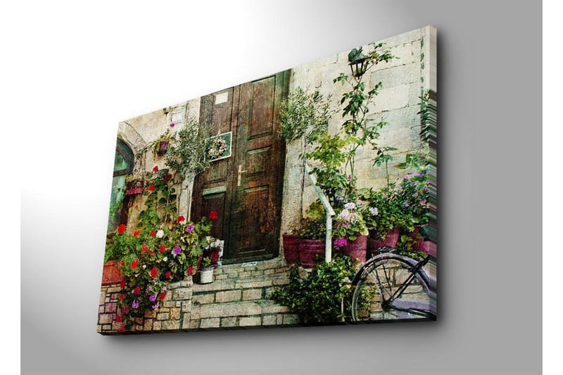 Stor Canvastavla 100x70 cm - Vacker dörr omgiven av färgglada blommor och grönska - Röd / Grön / Lila - Inredning & dekor - Tavlor & konst - Canvastavla