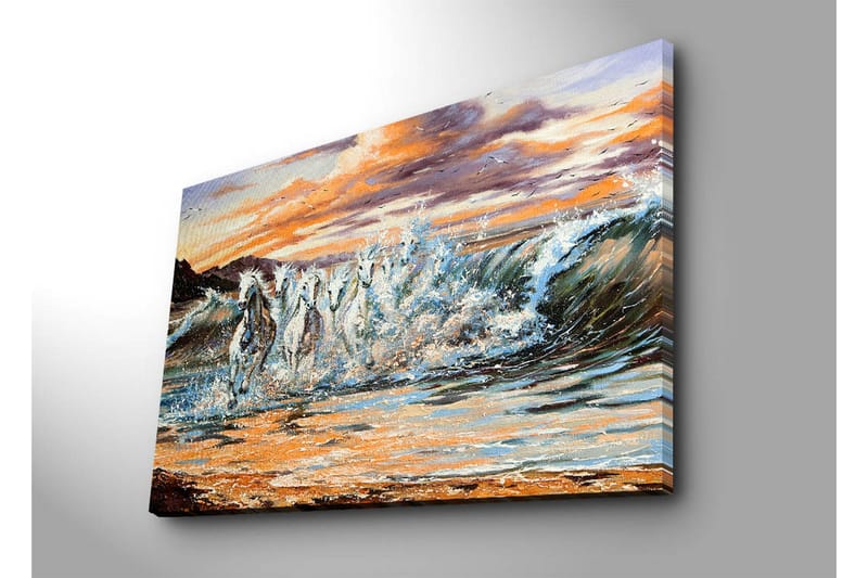 Stor Canvastavla 100x70 cm - Vilda hästar som galopperar genom vågorna vid solnedgången - Vit / Blå / Orange - Inredning & dekor - Tavlor & konst - Canvastavla