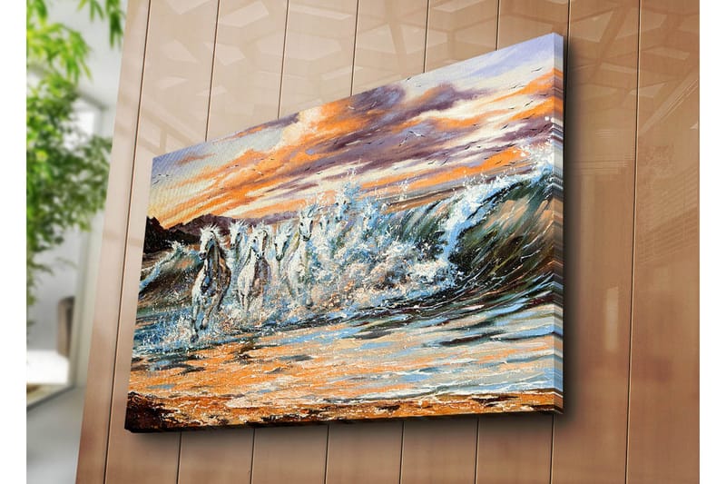 Stor Canvastavla 100x70 cm - Vilda hästar som galopperar genom vågorna vid solnedgången - Vit / Blå / Orange - Inredning & dekor - Tavlor & konst - Canvastavla