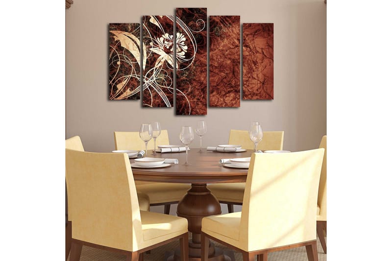Stor Canvastavla i 5 delar 105x70 cm - Abstrakt komposition med blommor och svängda linjer - Mörkröd / Beige / Vit - Inredning & dekor - Tavlor & konst - Canvastavla