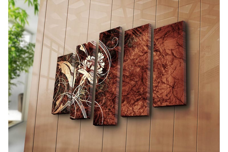 Stor Canvastavla i 5 delar 105x70 cm - Abstrakt komposition med blommor och svängda linjer - Mörkröd / Beige / Vit - Inredning & dekor - Tavlor & konst - Canvastavla